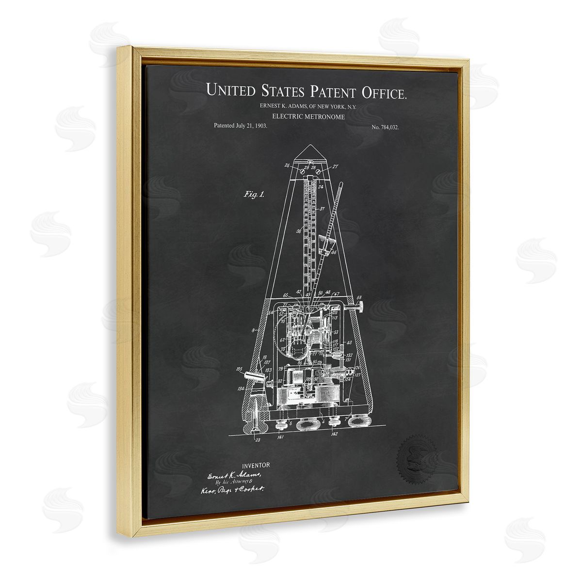 Karl Hronek Detailed Tech Electric Metronome Patent Blueprint Diagram Gold Floating Frame Canvas Wall Art Print