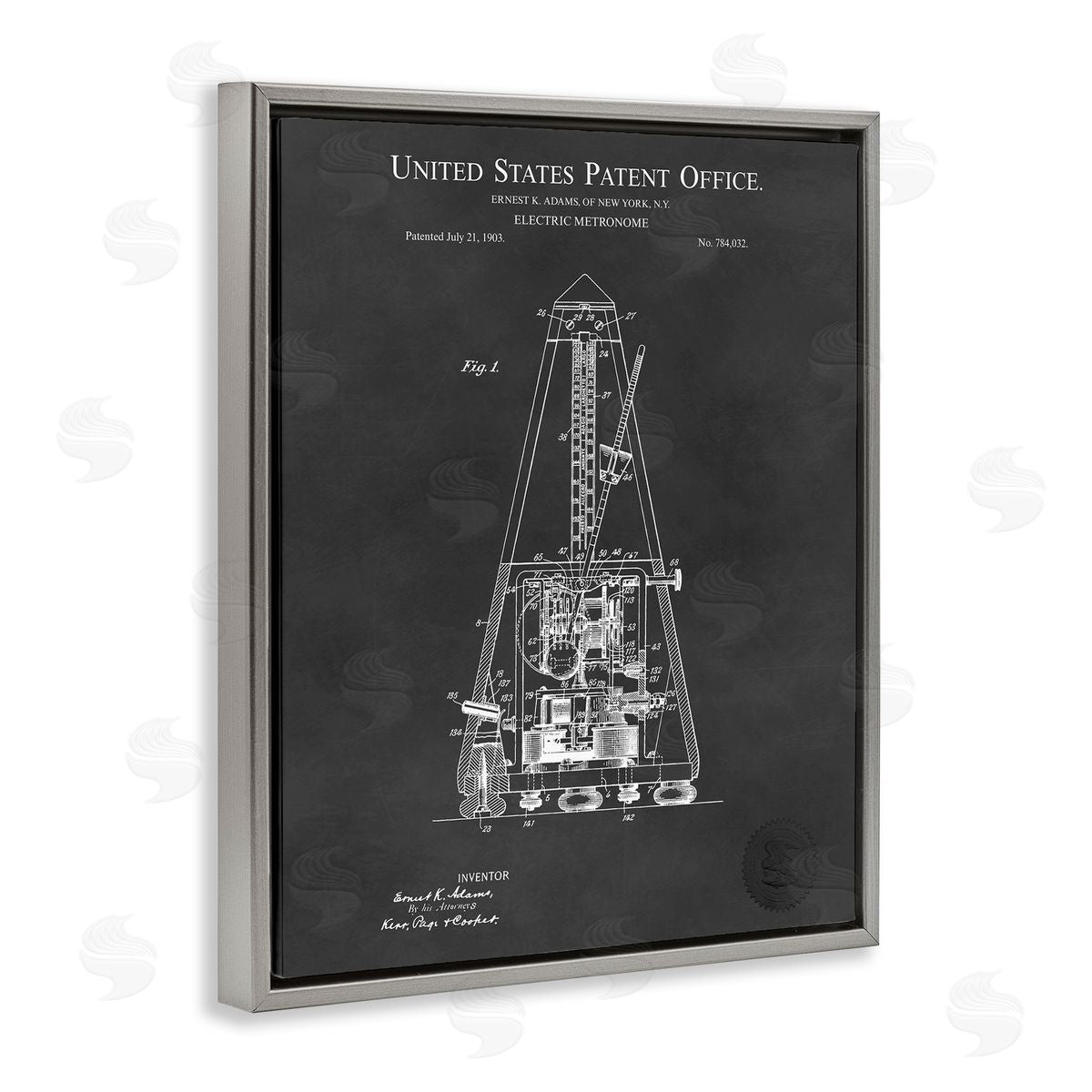 Karl Hronek Detailed Tech Electric Metronome Patent Blueprint Diagram Gray Floating Frame Canvas Wall Art Print
