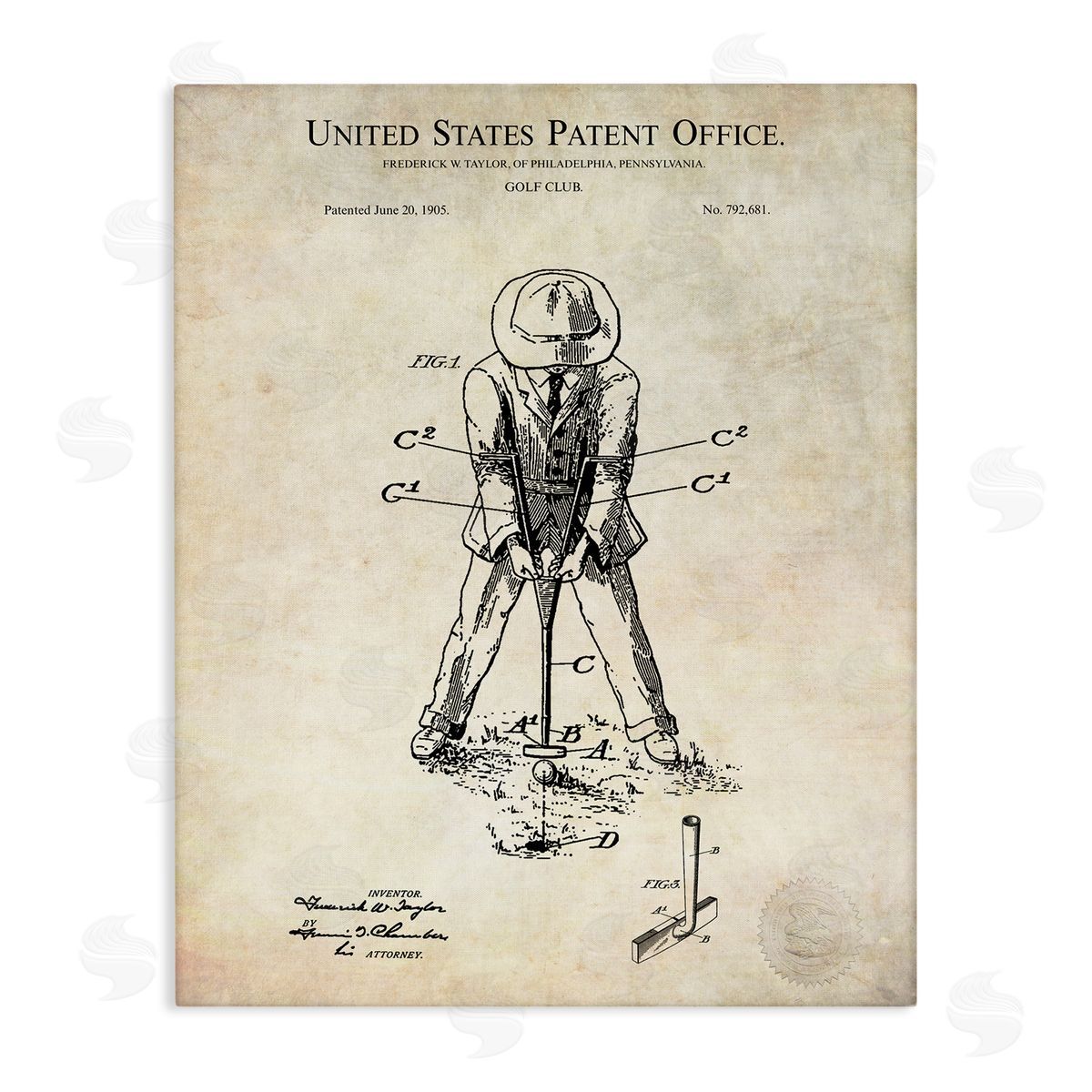 Karl Hronek Vintage Man Golfing Club Diagram Patent Text  Stretched Canvas Wall Art Print
