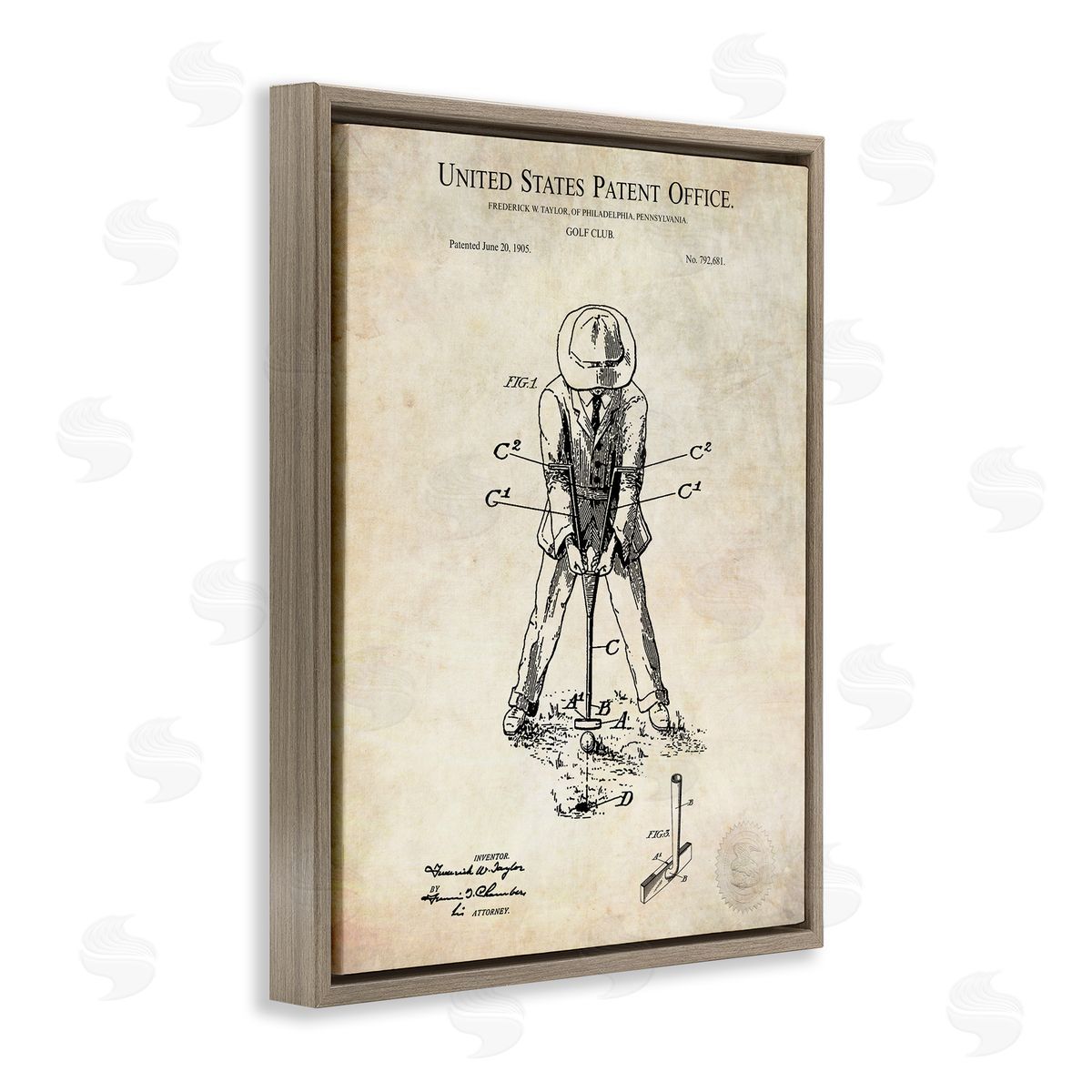 Karl Hronek Vintage Man Golfing Club Diagram Patent Text  Brown Floating Frame Canvas Wall Art Print