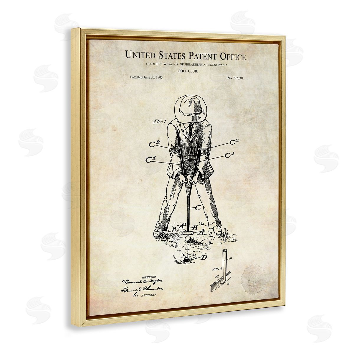 Karl Hronek Vintage Man Golfing Club Diagram Patent Text  Gold Floating Frame Canvas Wall Art Print