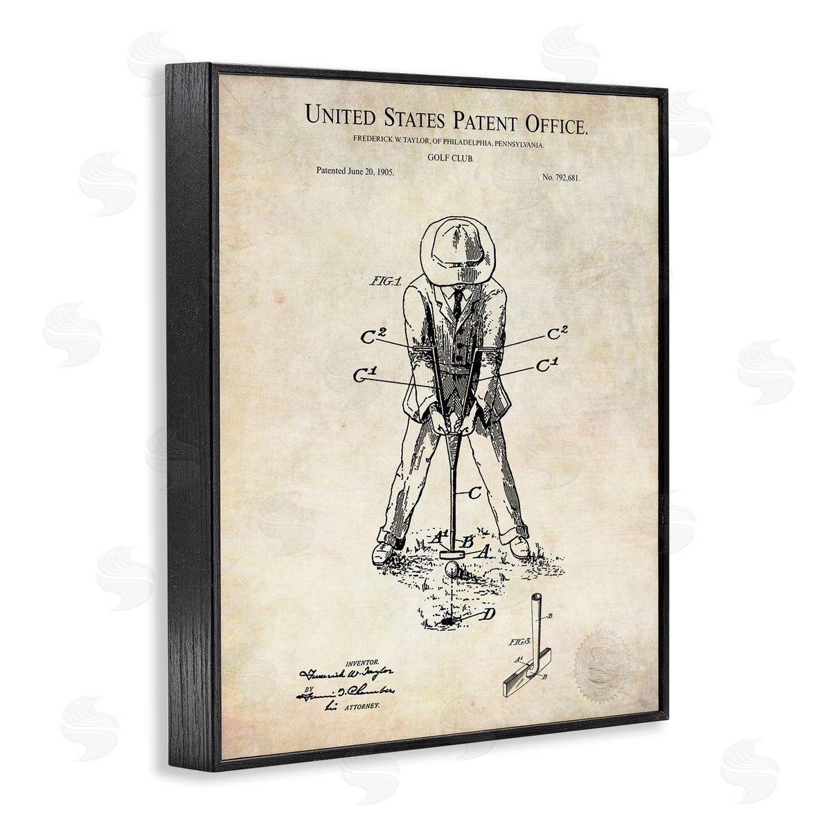 Karl Hronek Vintage Man Golfing Club Diagram Patent Text  Black Framed Giclee Wall Art Print