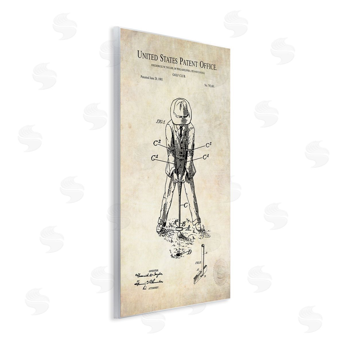 Karl Hronek Vintage Man Golfing Club Diagram Patent Text  Wall Plaque Art Print