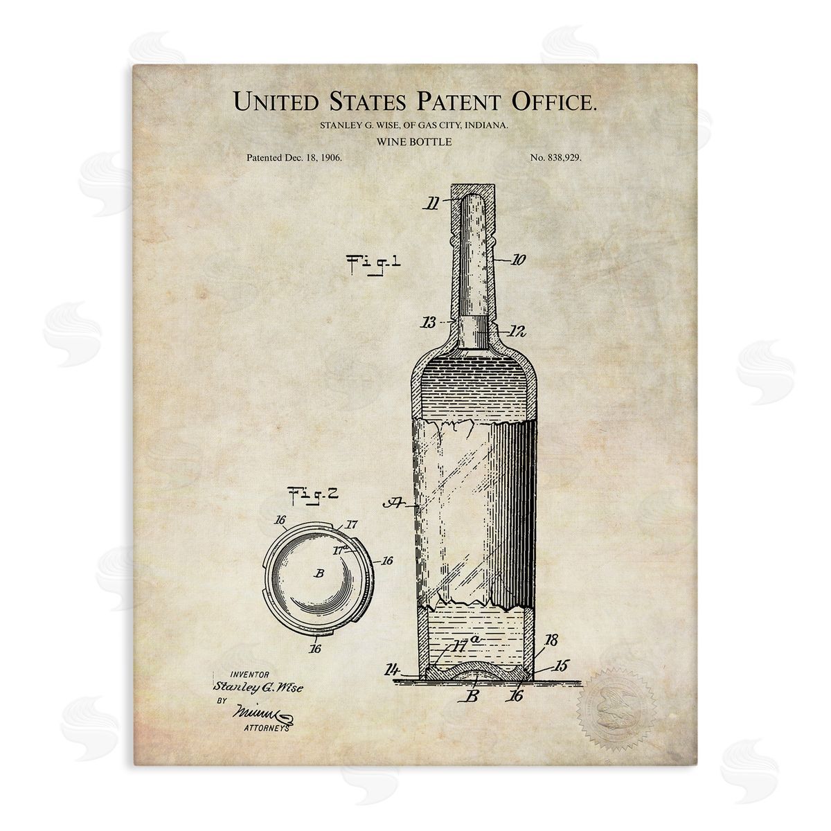 Karl Hronek Patent Text Detailed Wine Bottle Diagram Drawing  Stretched Canvas Wall Art Print