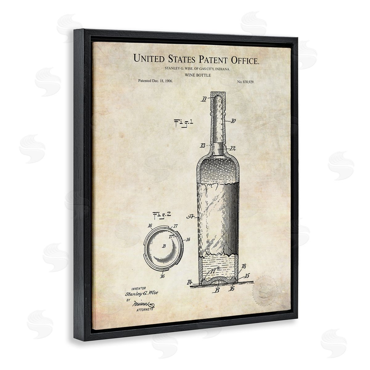 Karl Hronek Patent Text Detailed Wine Bottle Diagram Drawing  Black Floating Frame Canvas Wall Art Print