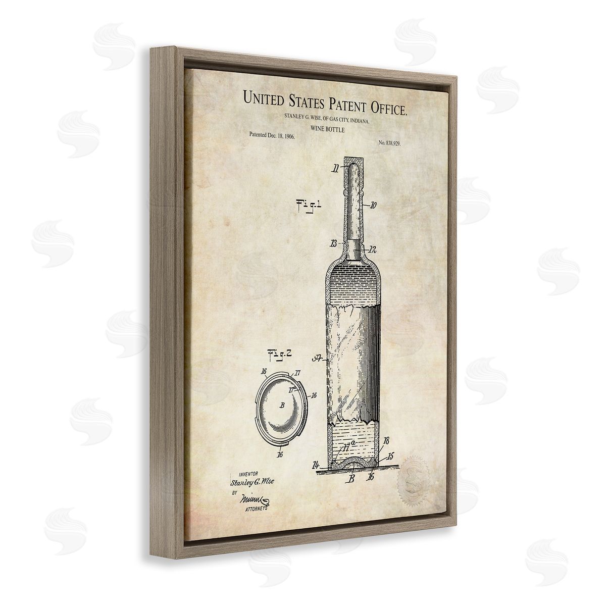 Karl Hronek Patent Text Detailed Wine Bottle Diagram Drawing  Brown Floating Frame Canvas Wall Art Print