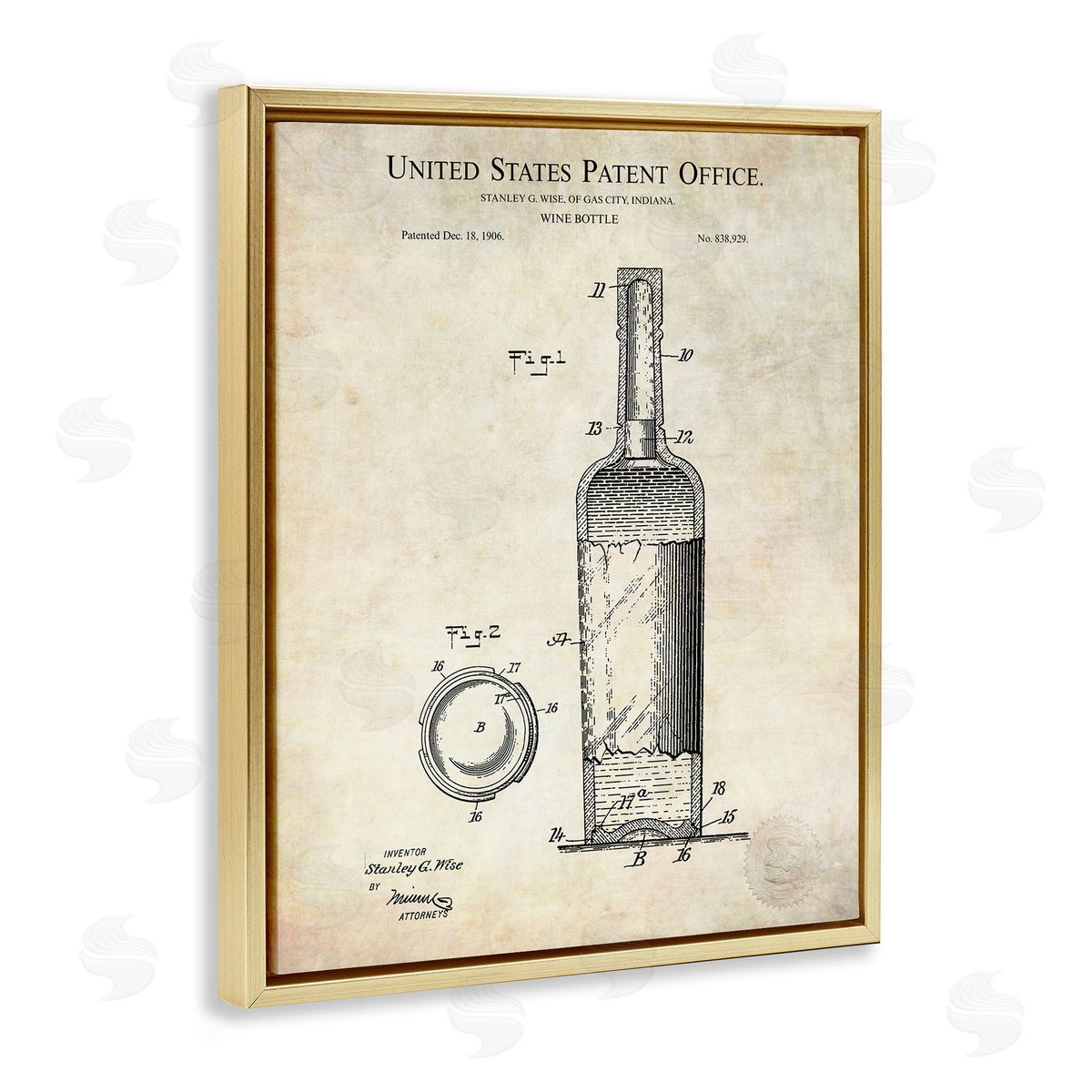 Karl Hronek Patent Text Detailed Wine Bottle Diagram Drawing  Gold Floating Frame Canvas Wall Art Print