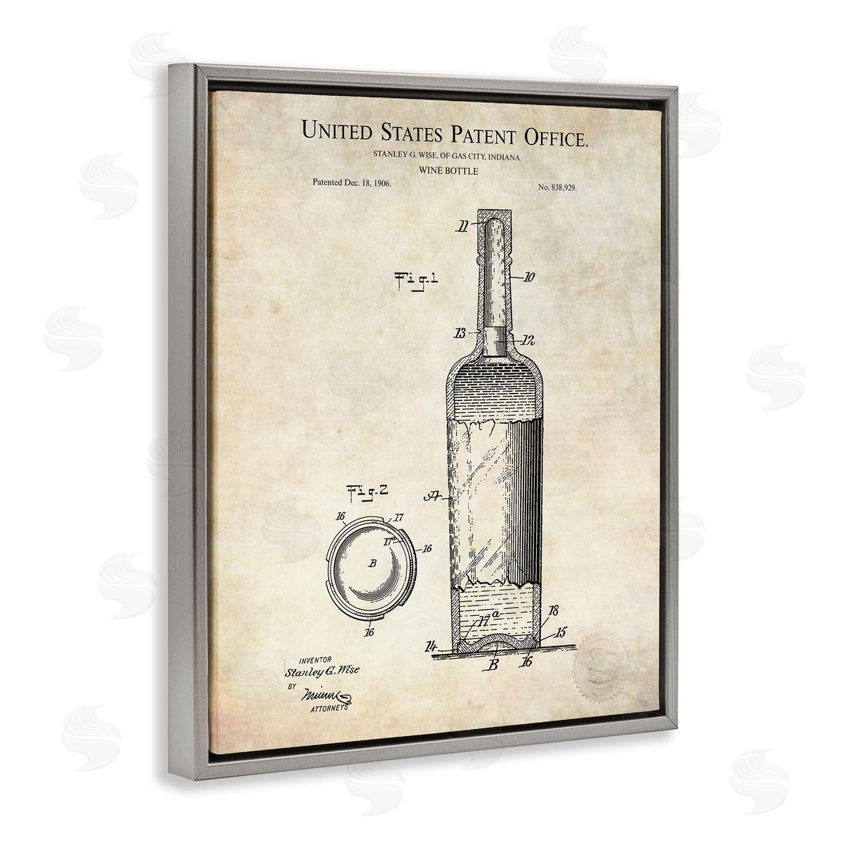 Karl Hronek Patent Text Detailed Wine Bottle Diagram Drawing  Gray Floating Frame Canvas Wall Art Print