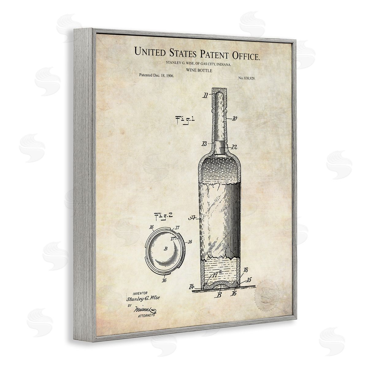 Karl Hronek Patent Text Detailed Wine Bottle Diagram Drawing  Gray Framed Giclee Wall Art Print