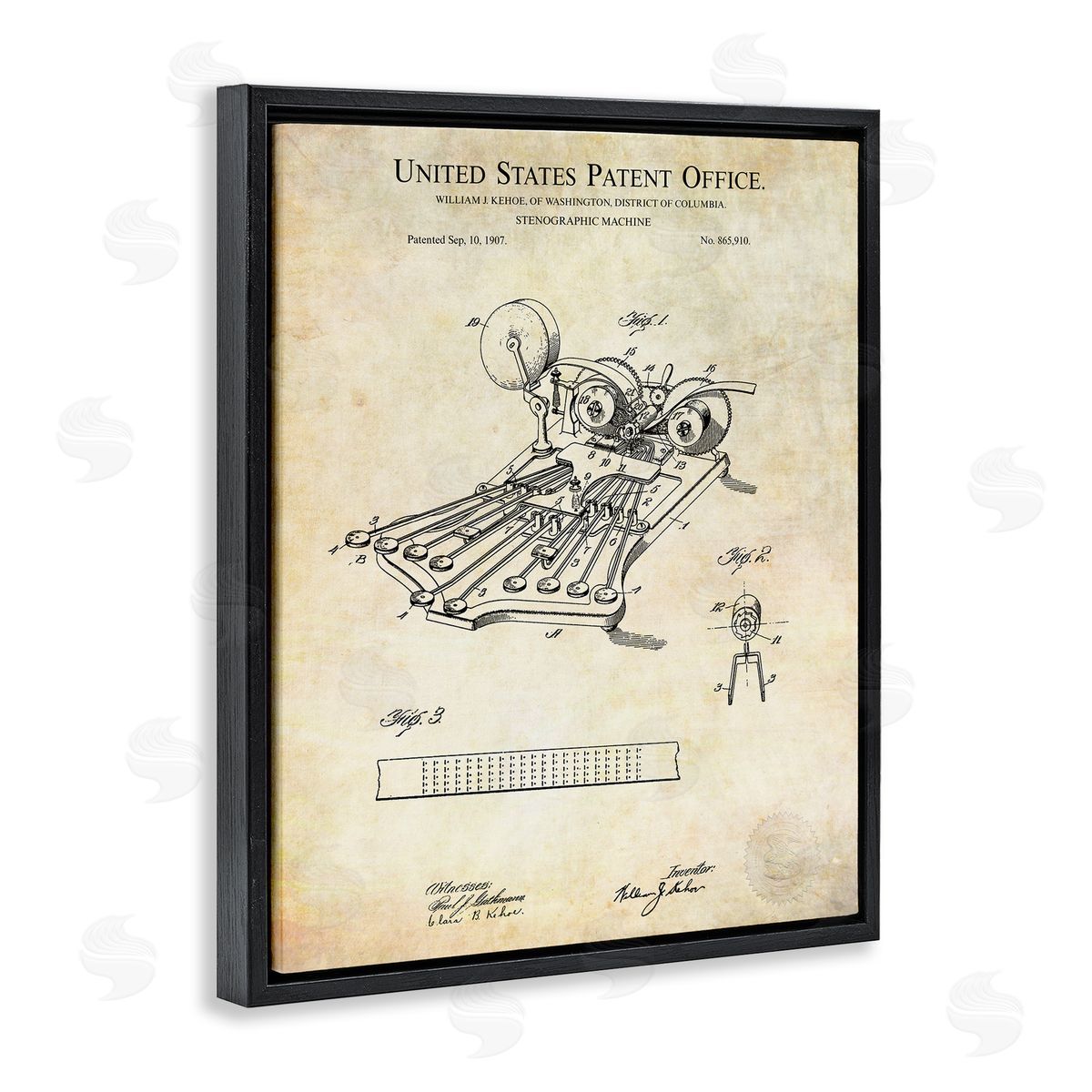 Karl Hronek Stenograph Machine Blueprint Diagram Detailed Patent Text  Black Floating Frame Canvas Wall Art Print