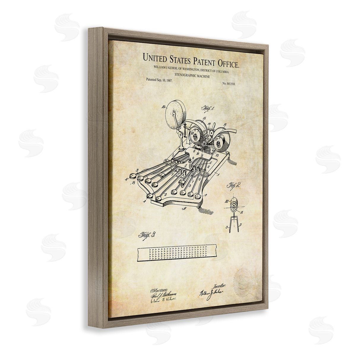 Karl Hronek Stenograph Machine Blueprint Diagram Detailed Patent Text  Brown Floating Frame Canvas Wall Art Print
