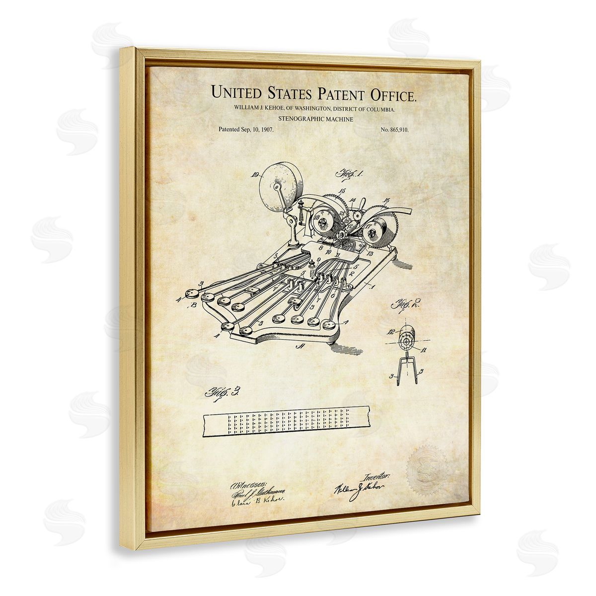 Karl Hronek Stenograph Machine Blueprint Diagram Detailed Patent Text  Gold Floating Frame Canvas Wall Art Print