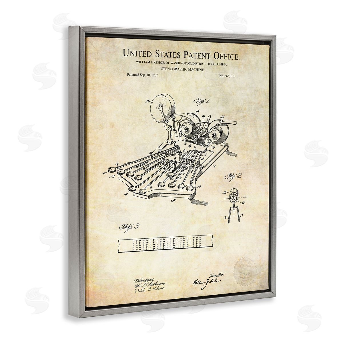 Karl Hronek Stenograph Machine Blueprint Diagram Detailed Patent Text  Gray Floating Frame Canvas Wall Art Print