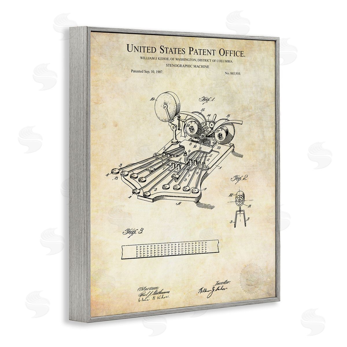 Karl Hronek Stenograph Machine Blueprint Diagram Detailed Patent Text  Gray Framed Giclee Wall Art Print