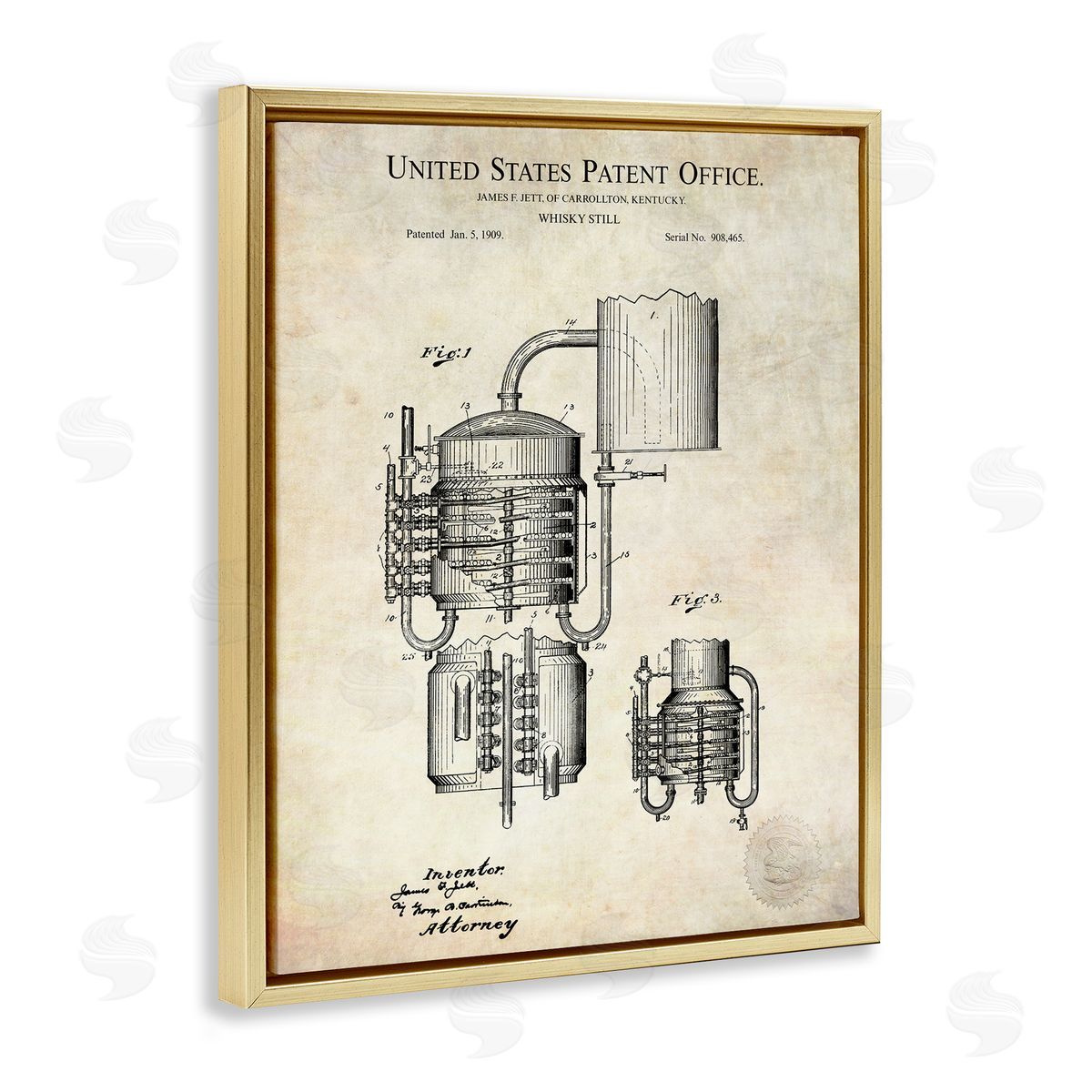 Karl Hronek Vintage Whiskey Still Liquor Detailed Blueprint Diagram Gold Floating Frame Canvas Wall Art Print