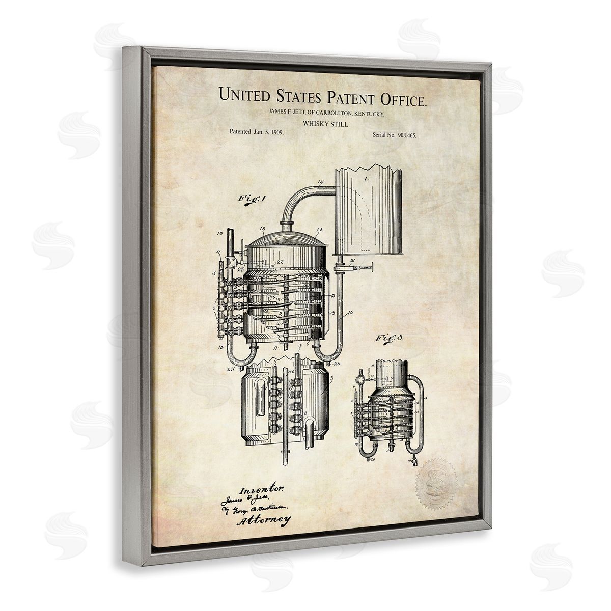 Karl Hronek Vintage Whiskey Still Liquor Detailed Blueprint Diagram Gray Floating Frame Canvas Wall Art Print