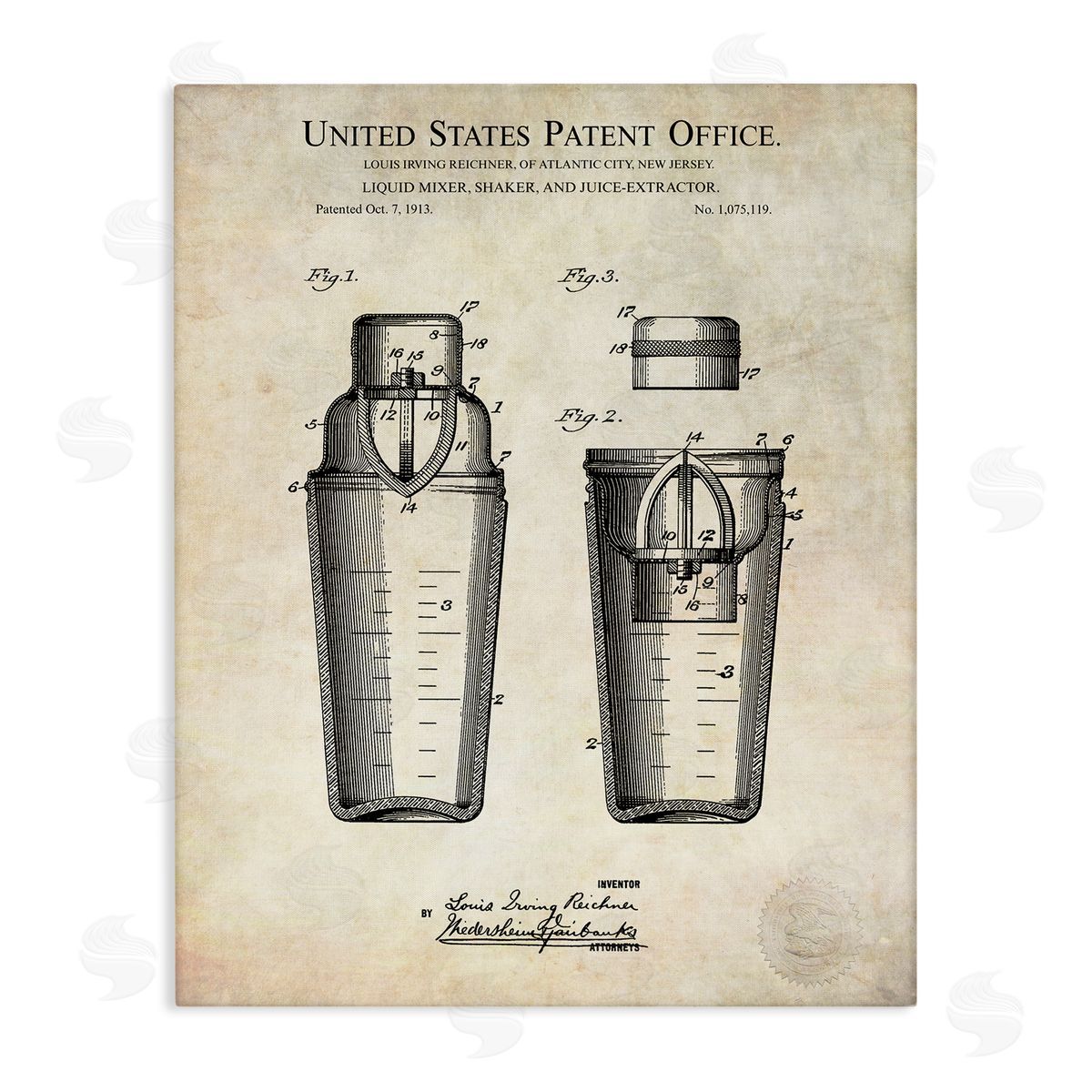 Karl Hronek Vintage Cocktail Drink Mixer Diagram Patent Text  Stretched Canvas Wall Art Print