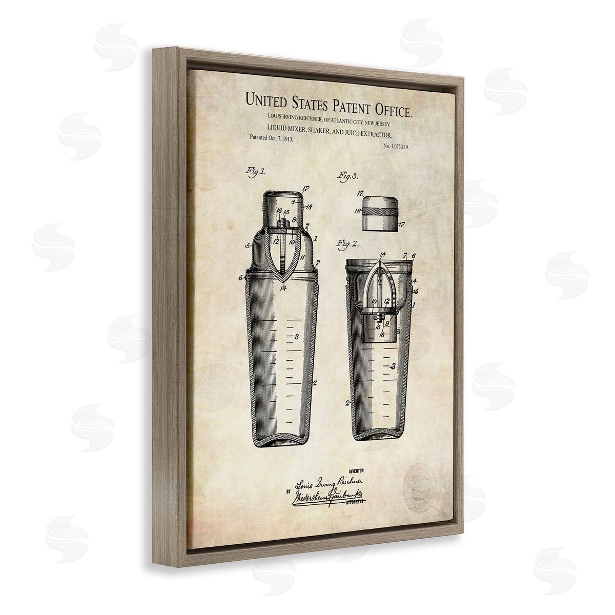 Karl Hronek Vintage Cocktail Drink Mixer Diagram Patent Text  Brown Floating Frame Canvas Wall Art Print