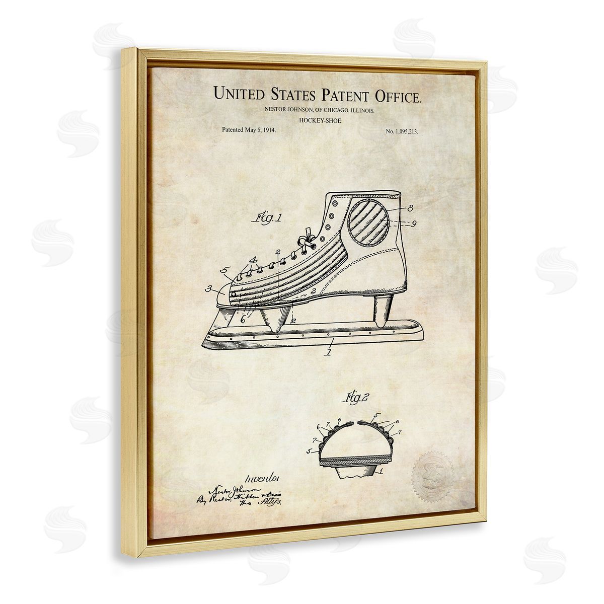 Karl Hronek Hockey Skate Shoe Labeled Diagram Patent Text  Gold Floating Frame Canvas Wall Art Print