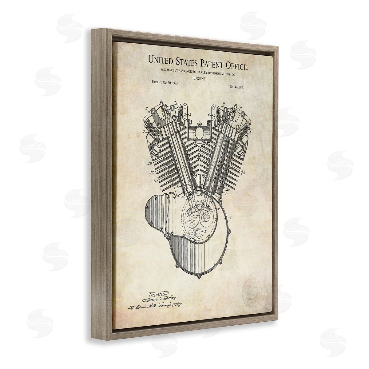 Karl Hronek Detailed Engine Machine Diagram Blueprint Patent Text Brown Floating Frame Canvas Wall Art Print