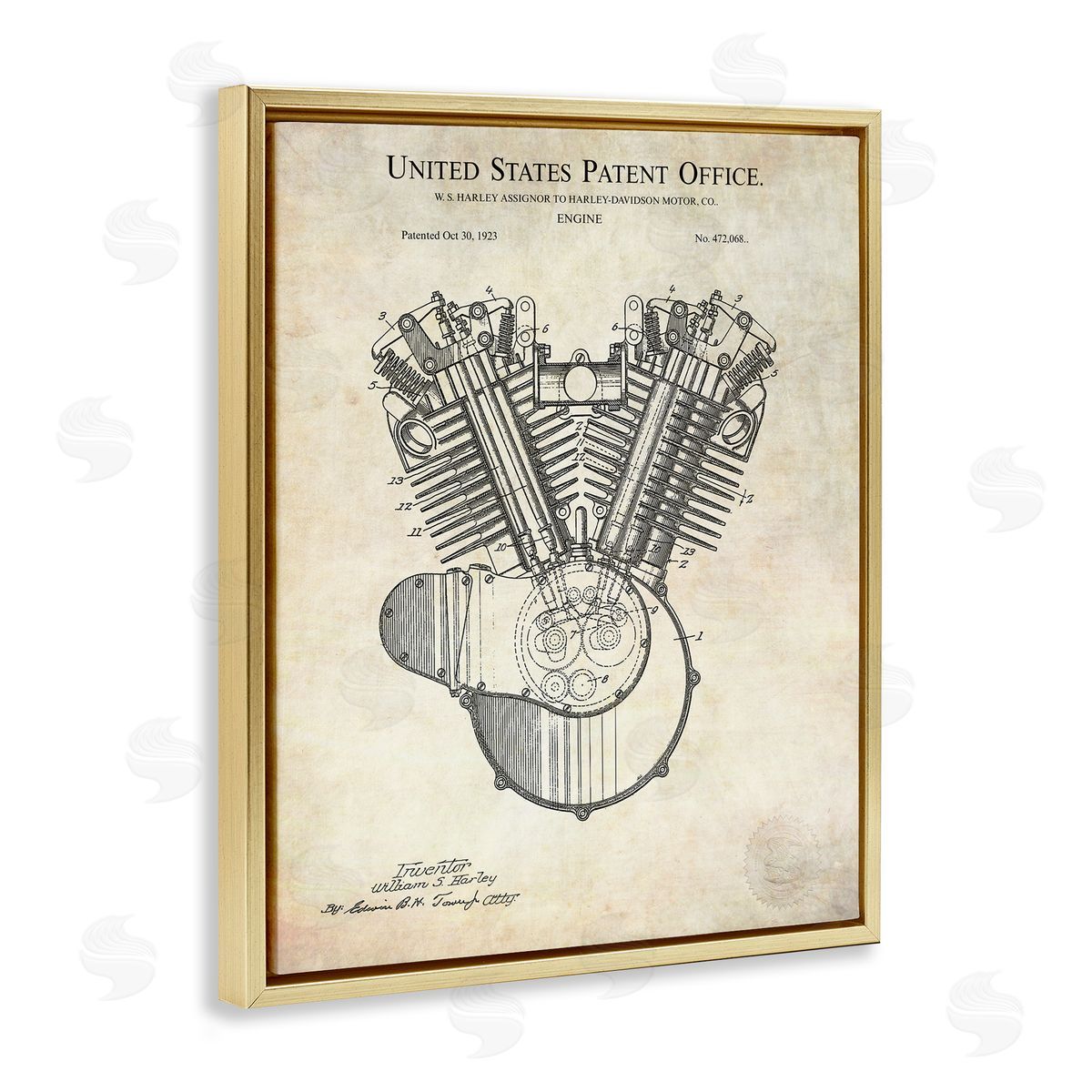 Karl Hronek Detailed Engine Machine Diagram Blueprint Patent Text Gold Floating Frame Canvas Wall Art Print