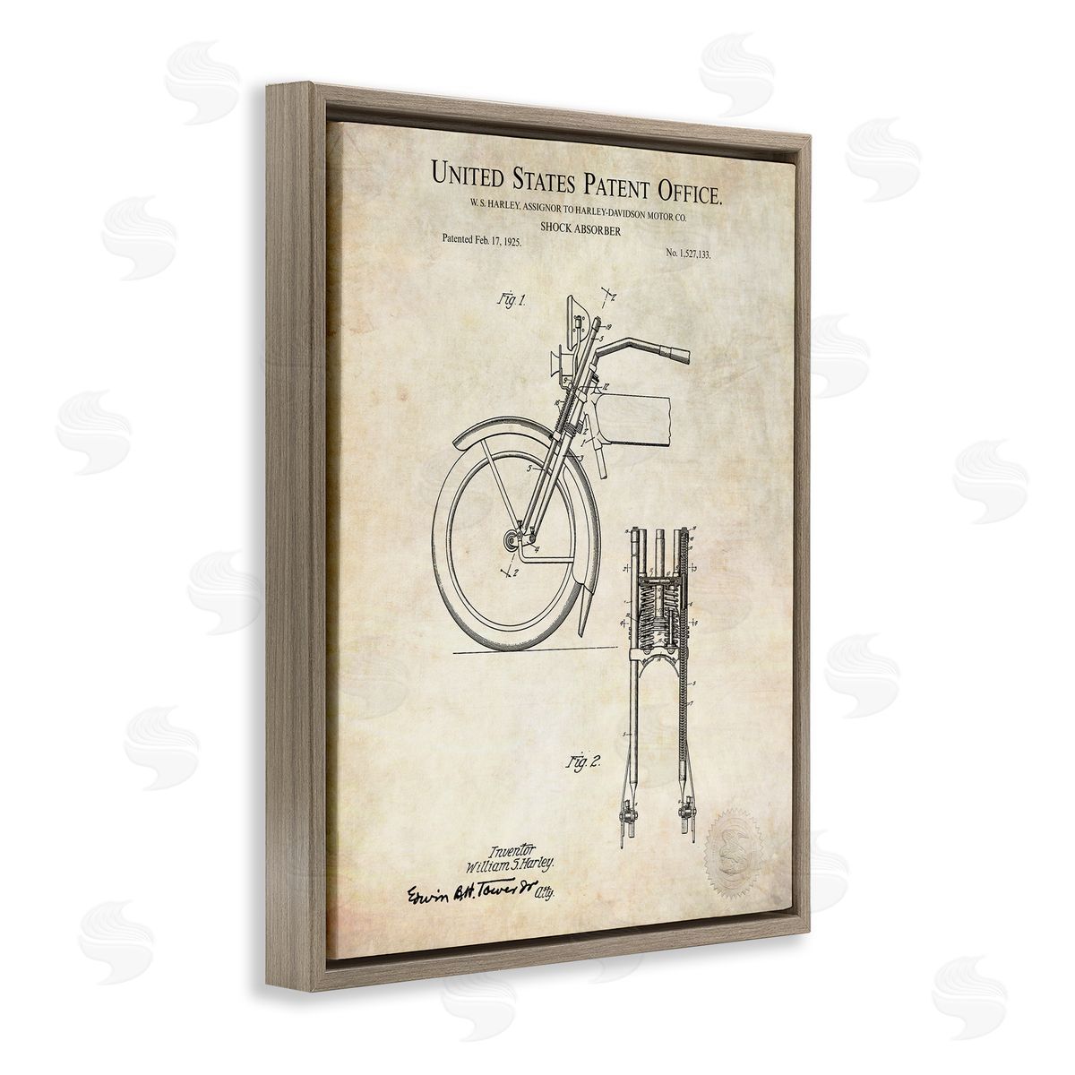 Karl Hronek Vintage Shock Absorber Invention Patent Diagram Brown Floating Frame Canvas Wall Art Print