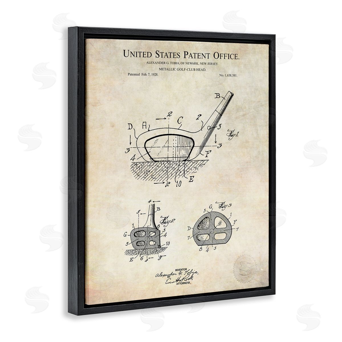 Karl Hronek Golf Club Head Detailed Blueprint Patent Black Floating Frame Canvas Wall Art Print