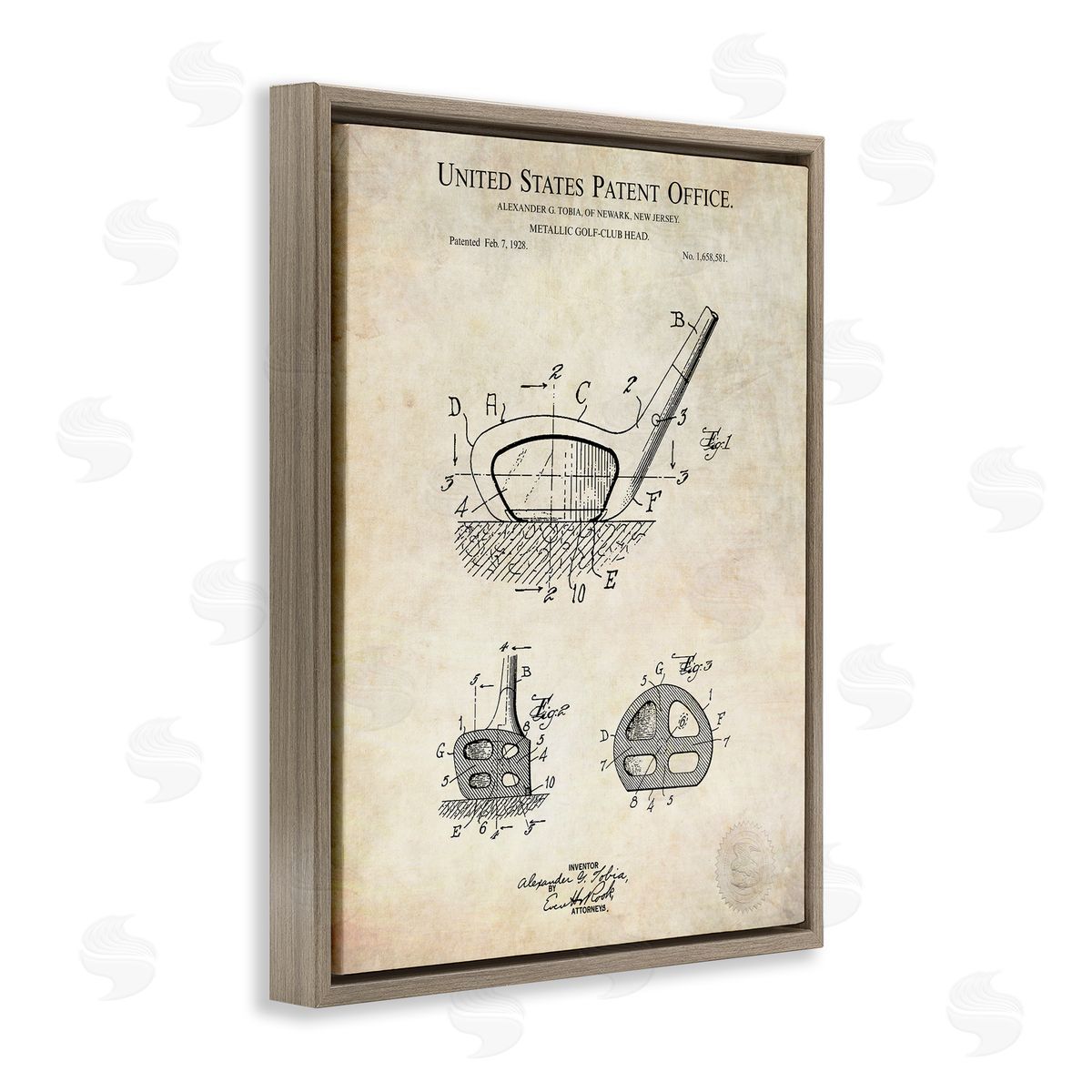 Karl Hronek Golf Club Head Detailed Blueprint Patent Brown Floating Frame Canvas Wall Art Print