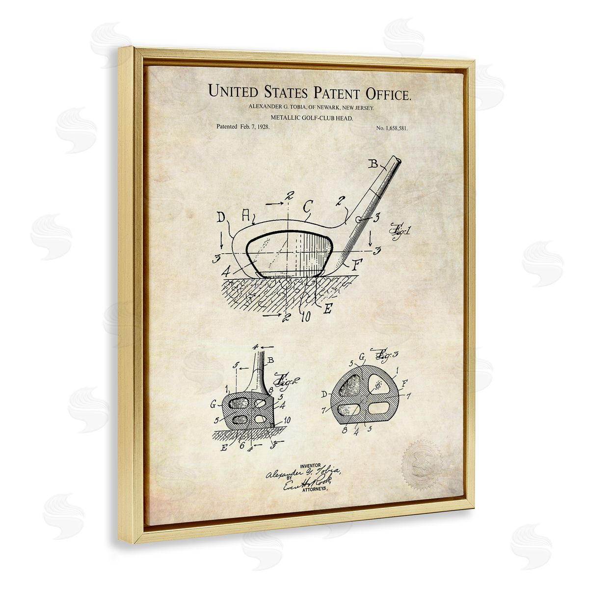 Karl Hronek Golf Club Head Detailed Blueprint Patent Gold Floating Frame Canvas Wall Art Print