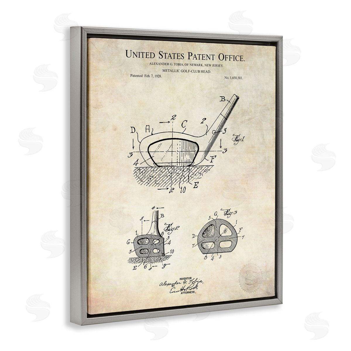 Karl Hronek Golf Club Head Detailed Blueprint Patent Gray Floating Frame Canvas Wall Art Print