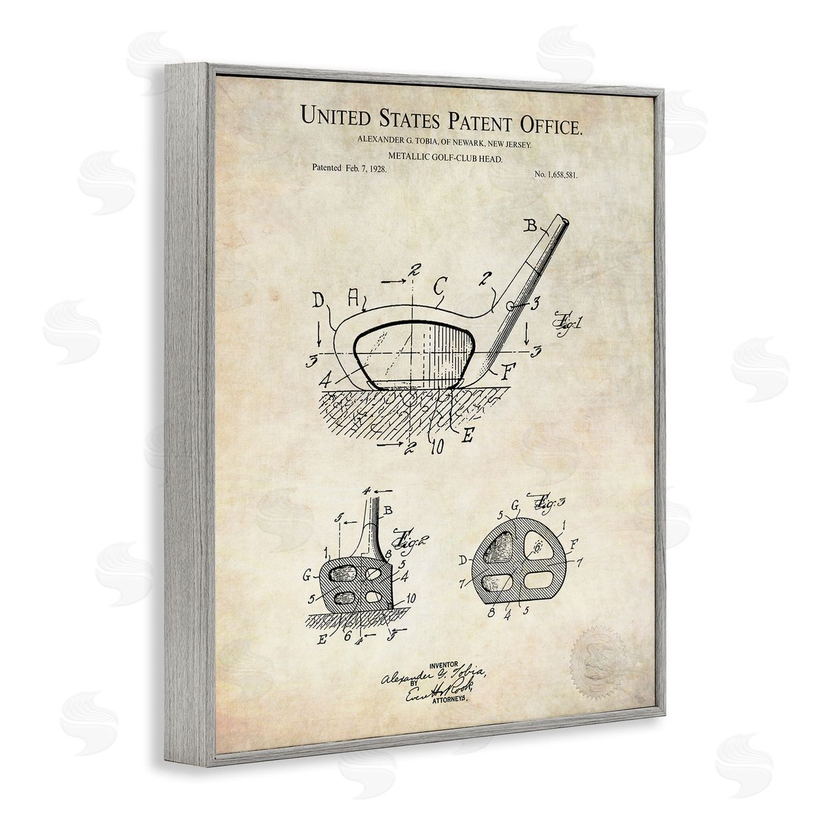 Karl Hronek Golf Club Head Detailed Blueprint Patent Gray Framed Giclee Wall Art Print