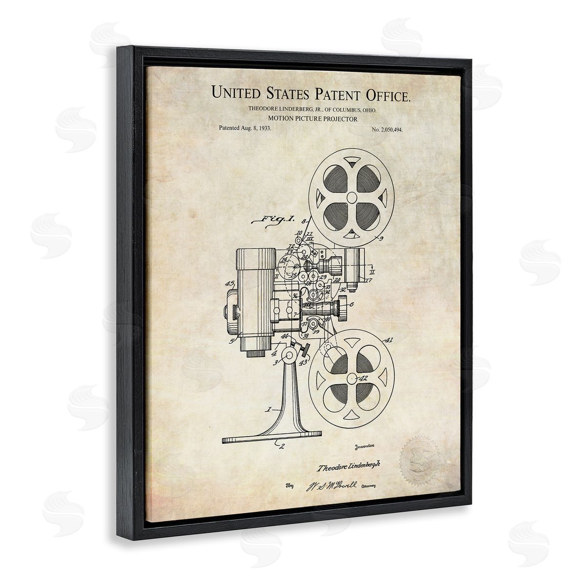 Karl Hronek Motion Picture Projector Patent Blueprint Diagram Black Floating Frame Canvas Wall Art Print