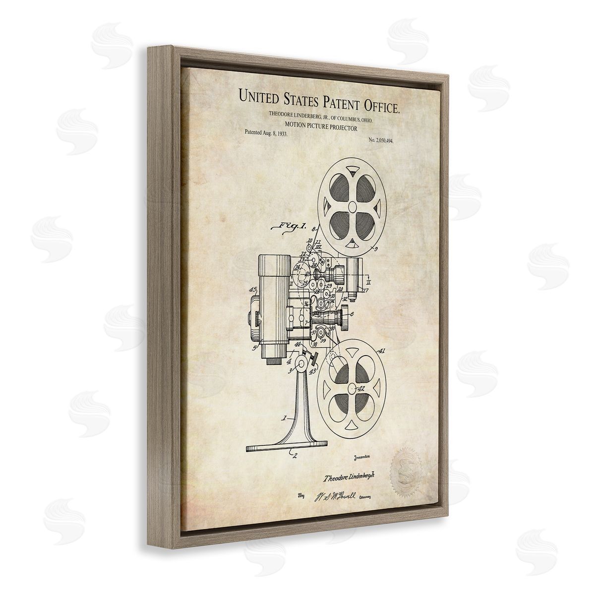 Karl Hronek Motion Picture Projector Patent Blueprint Diagram Brown Floating Frame Canvas Wall Art Print