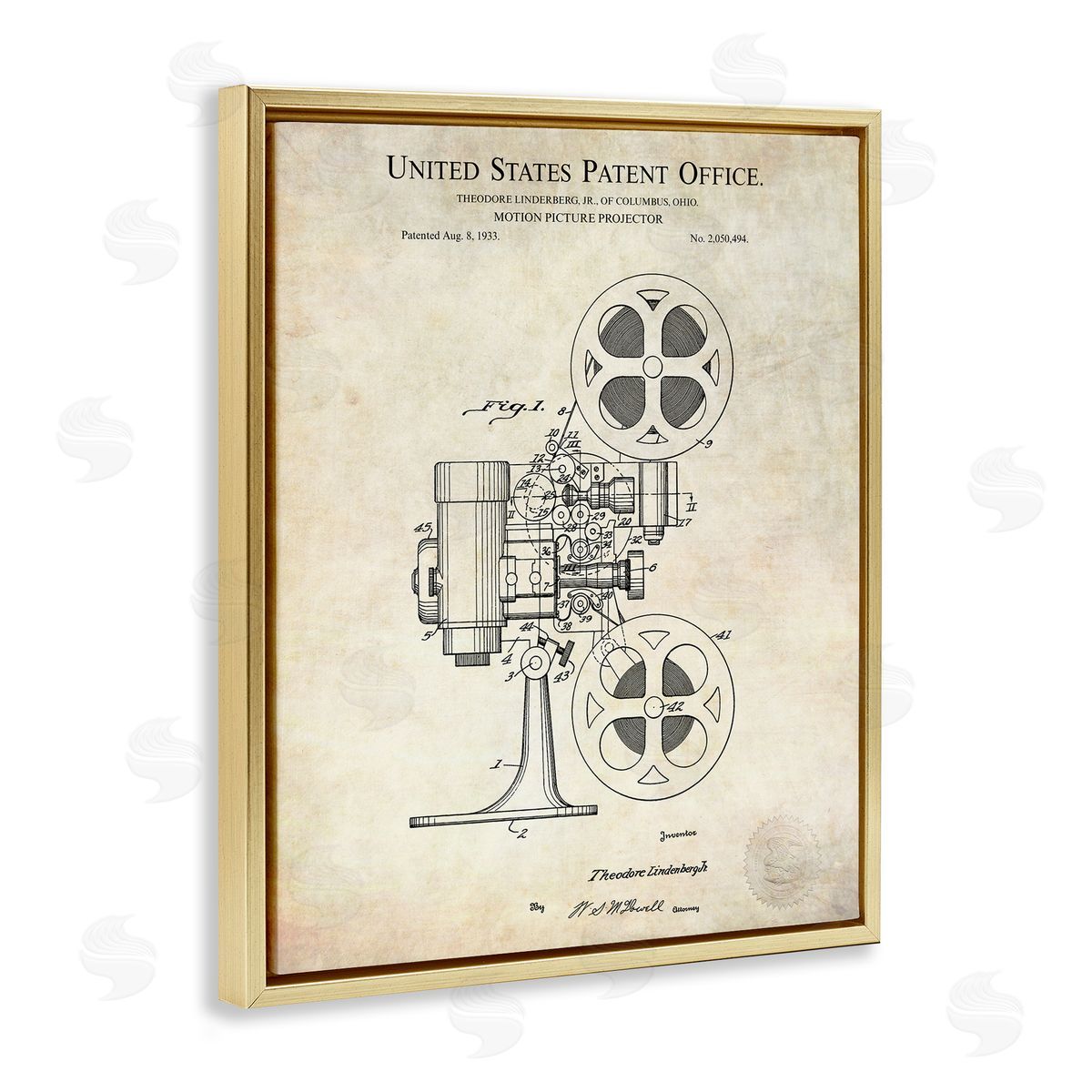 Karl Hronek Motion Picture Projector Patent Blueprint Diagram Gold Floating Frame Canvas Wall Art Print