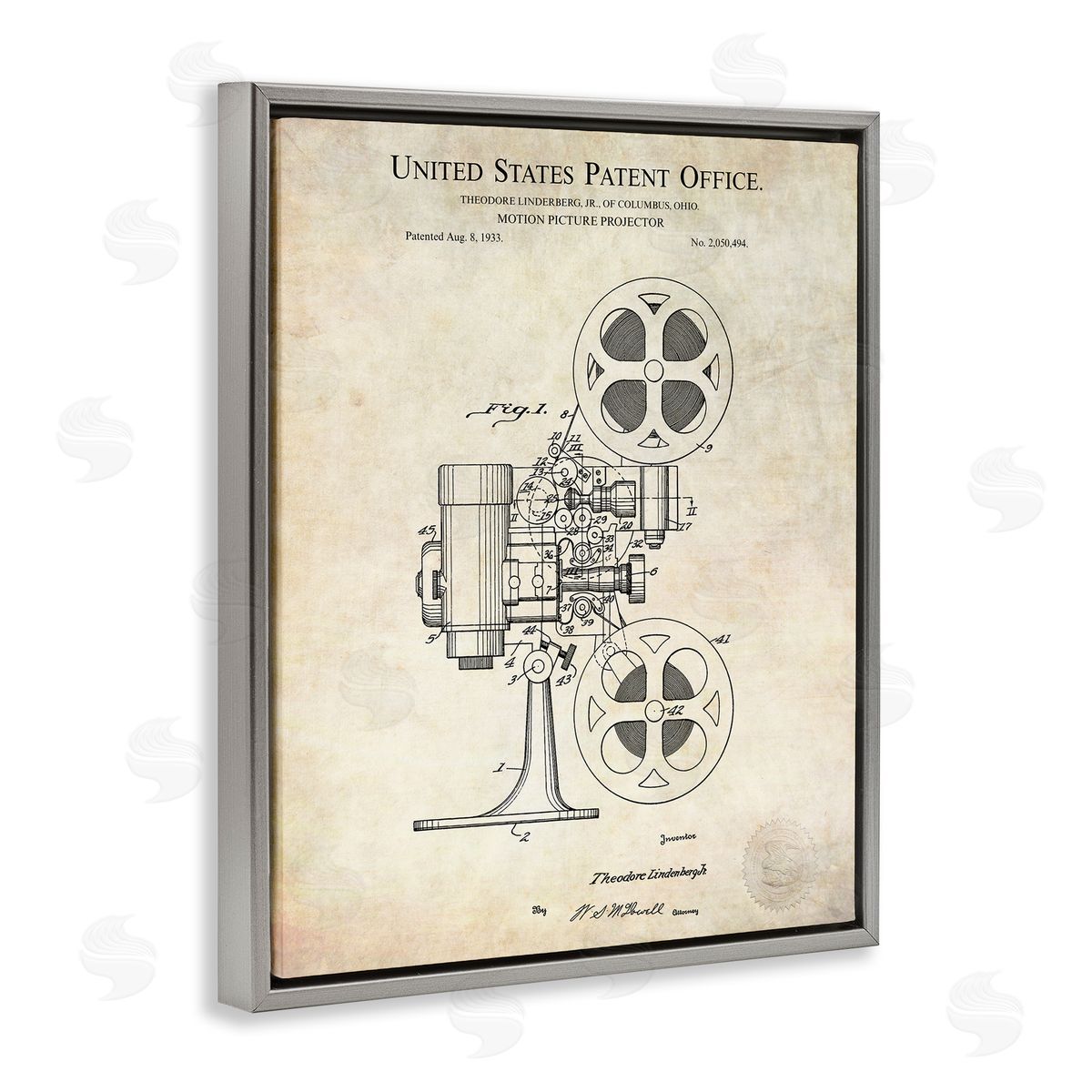 Karl Hronek Motion Picture Projector Patent Blueprint Diagram Gray Floating Frame Canvas Wall Art Print