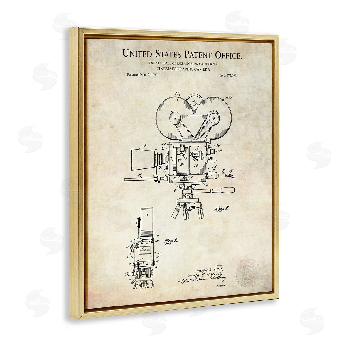 Karl Hronek Cinematographic Camera Patent Detailed Blueprint Gold Floating Frame Canvas Wall Art Print