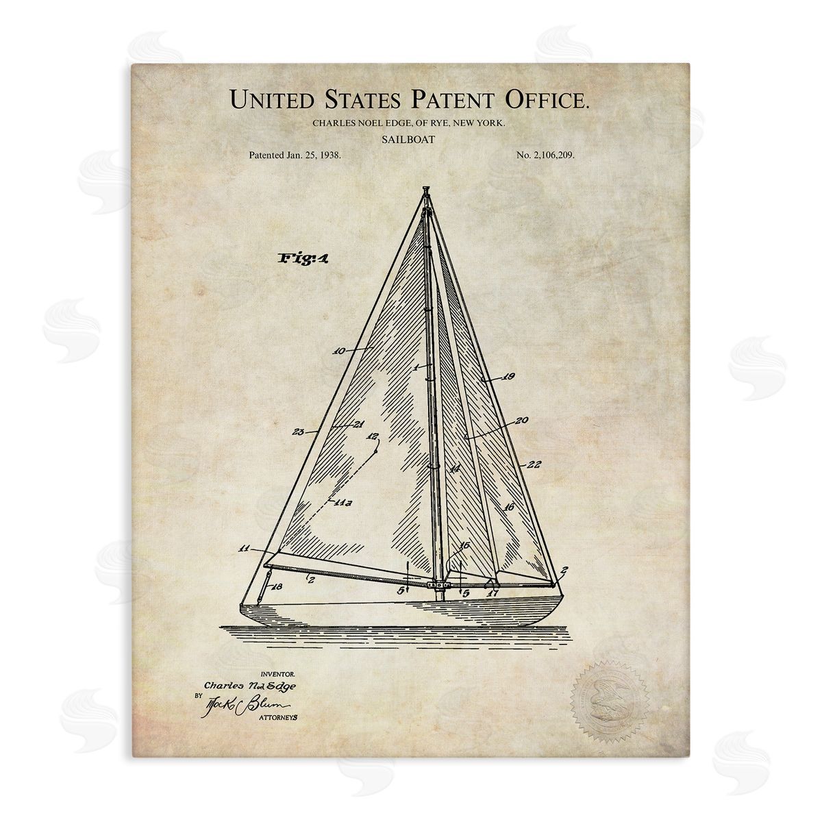 Karl Hronek Vintage Sailboat Watercraft Diagram Patent Text Blueprint  Stretched Canvas Wall Art Print