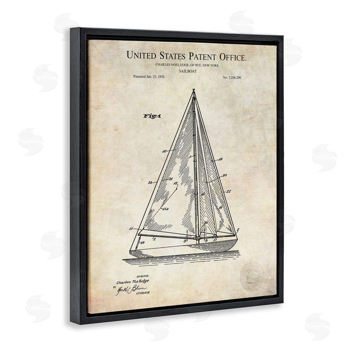 Karl Hronek Vintage Sailboat Watercraft Diagram Patent Text Blueprint  Black Floating Frame Canvas Wall Art Print