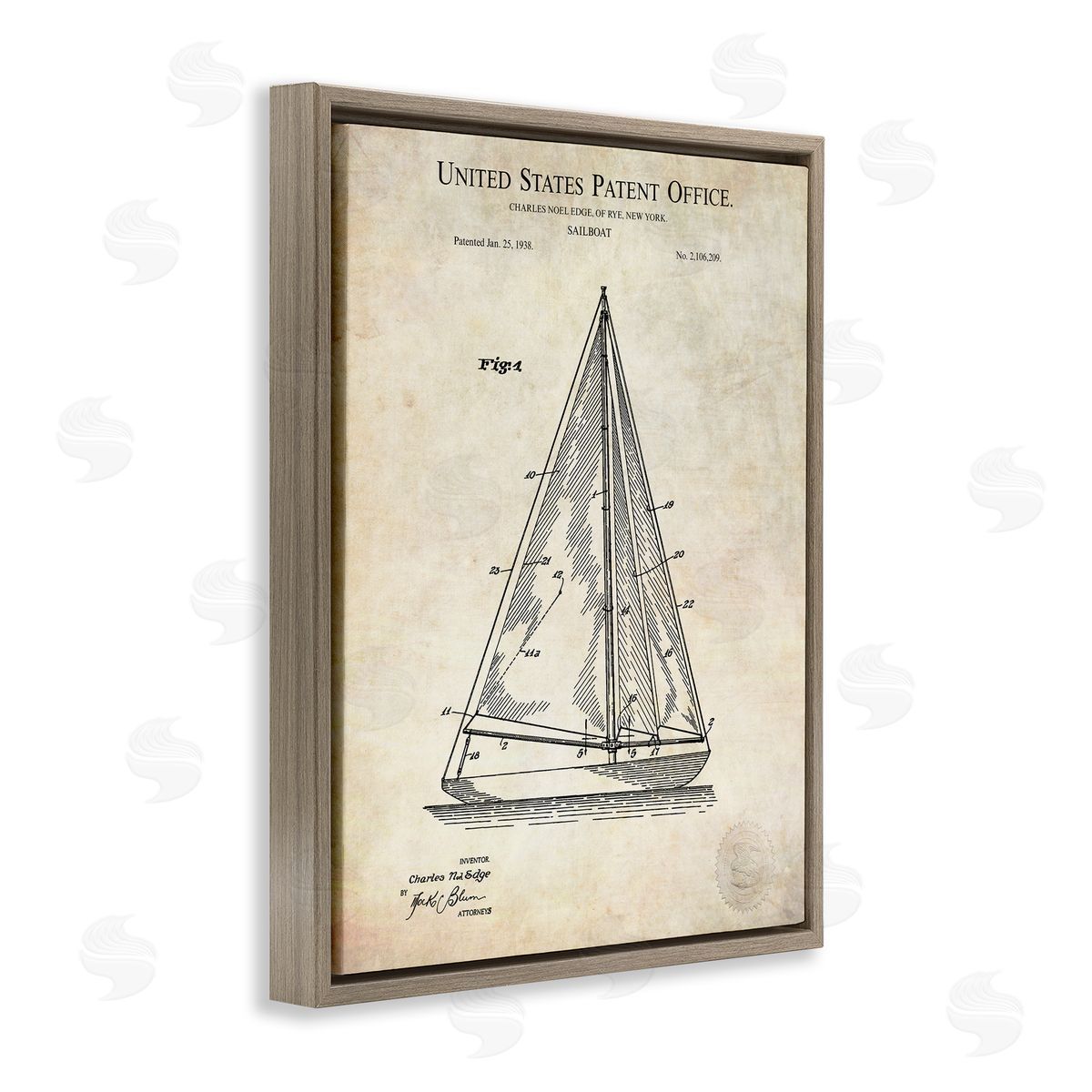 Karl Hronek Vintage Sailboat Watercraft Diagram Patent Text Blueprint  Brown Floating Frame Canvas Wall Art Print