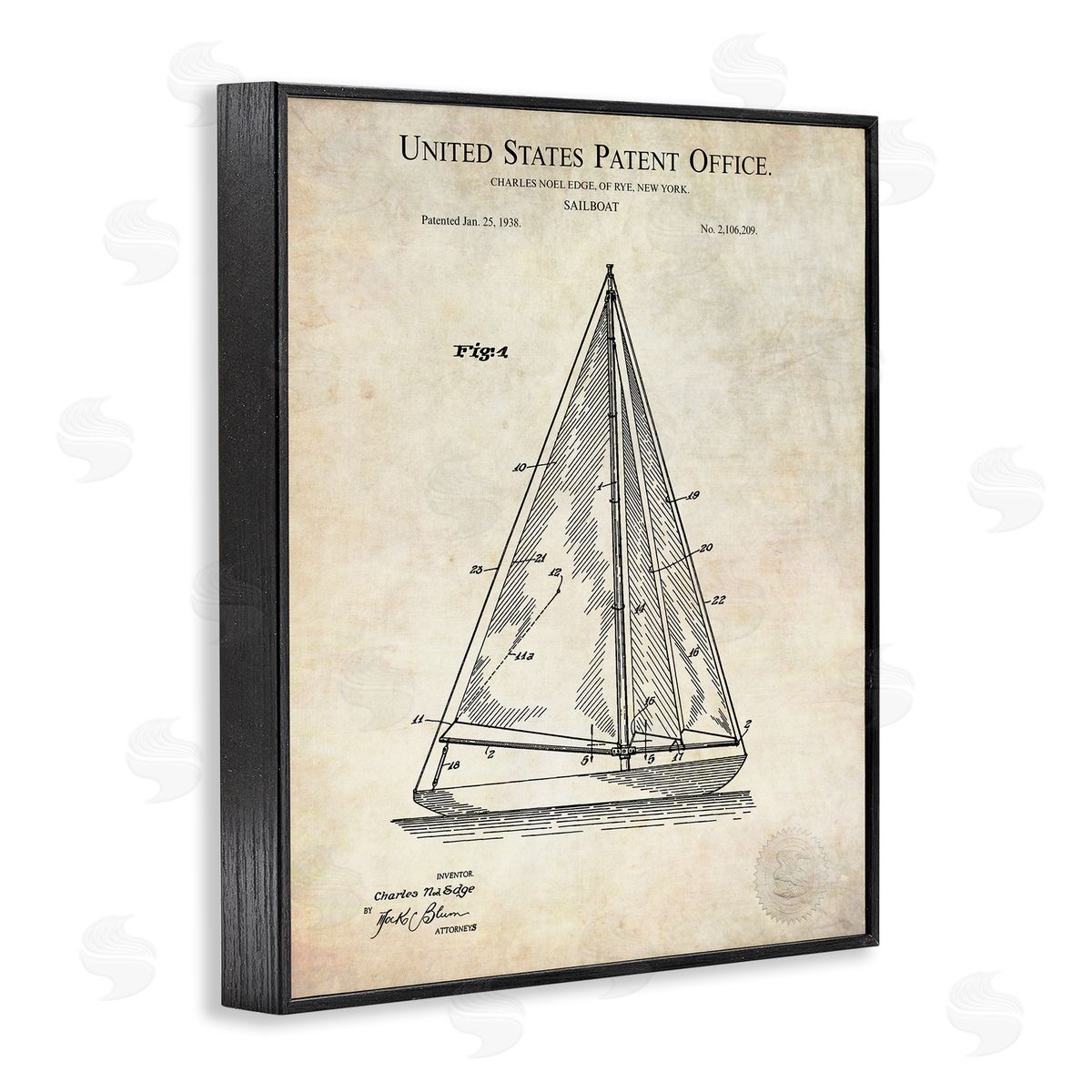 Karl Hronek Vintage Sailboat Watercraft Diagram Patent Text Blueprint  Black Framed Giclee Wall Art Print