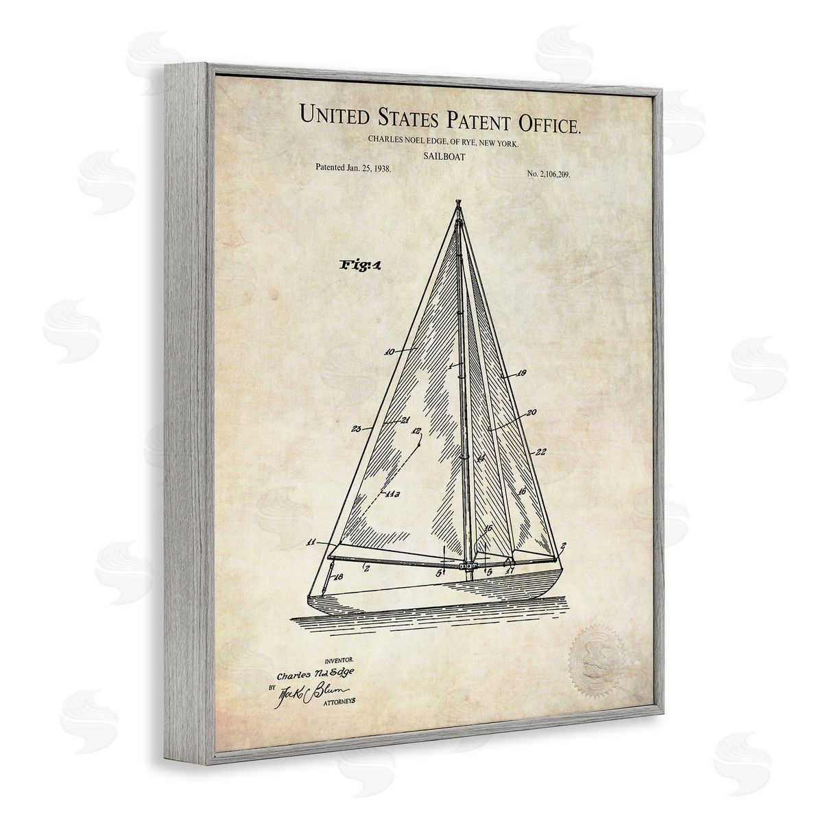 Karl Hronek Vintage Sailboat Watercraft Diagram Patent Text Blueprint  Gray Framed Giclee Wall Art Print
