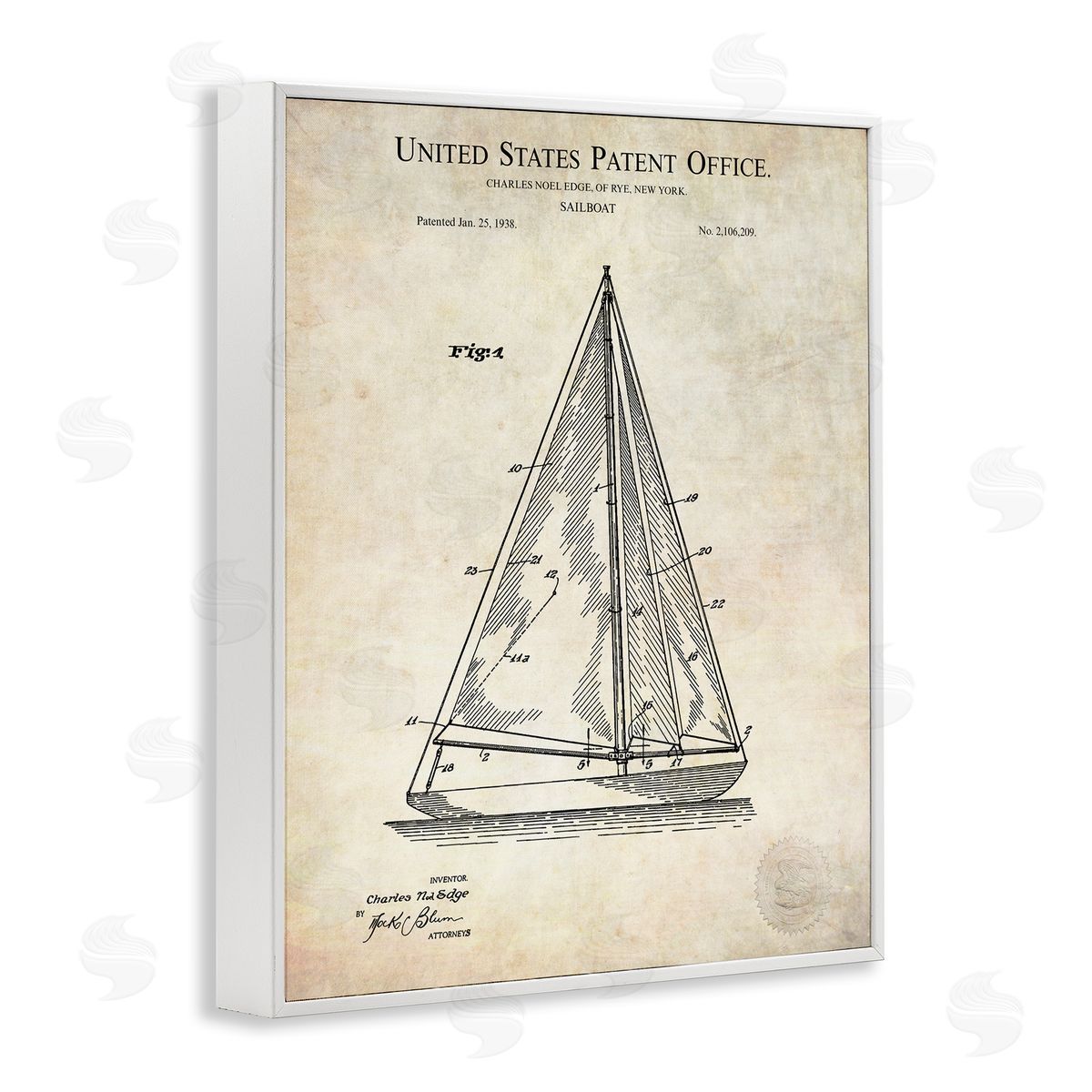 Karl Hronek Vintage Sailboat Watercraft Diagram Patent Text Blueprint  White Framed Giclee Wall Art Print