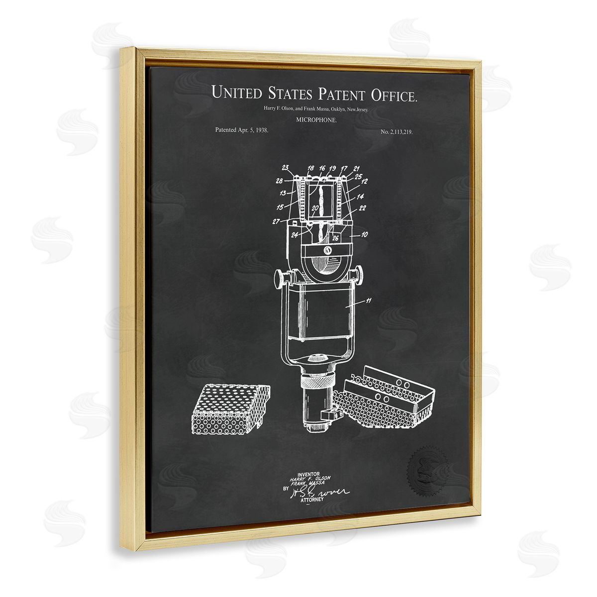 Karl Hronek Black Microphone Diagram Detailed Patent  Gold Floating Frame Canvas Wall Art Print