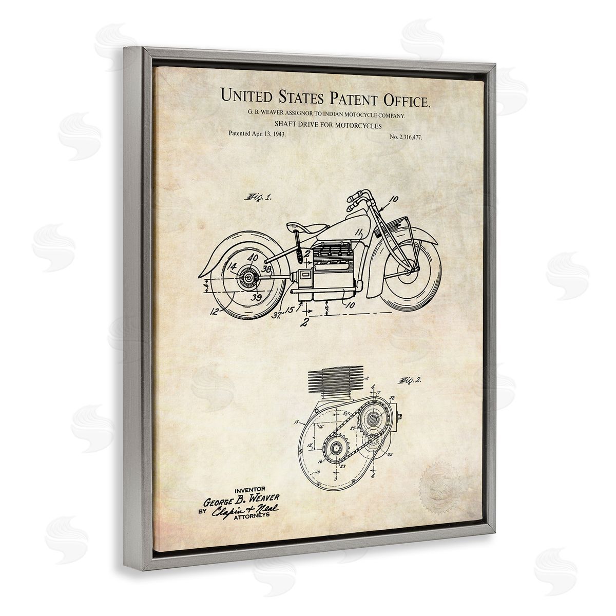 Karl Hronek Vintage Motorcycle Shaft Drive Machinery Blueprint Diagram Gray Floating Frame Canvas Wall Art Print