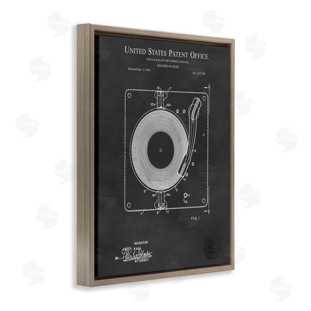 Karl Hronek Turntable Record Player Diagram Blueprint Patent Text  Brown Floating Frame Canvas Wall Art Print