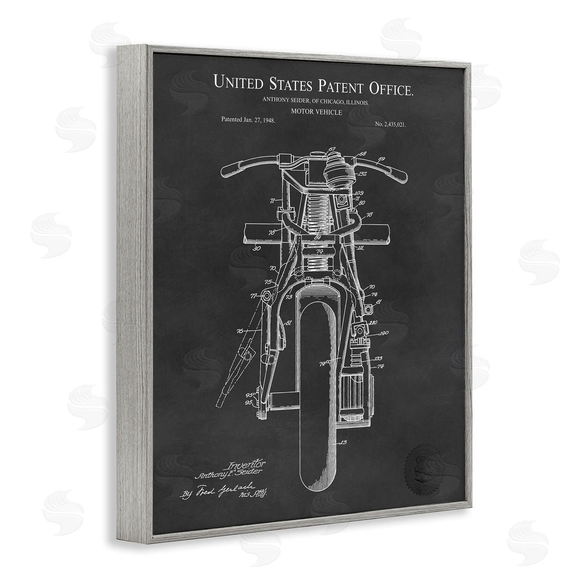 Karl Hronek Motor Vehicle Motorcycle Patent Text Blueprint Diagram  Gray Framed Giclee Wall Art Print
