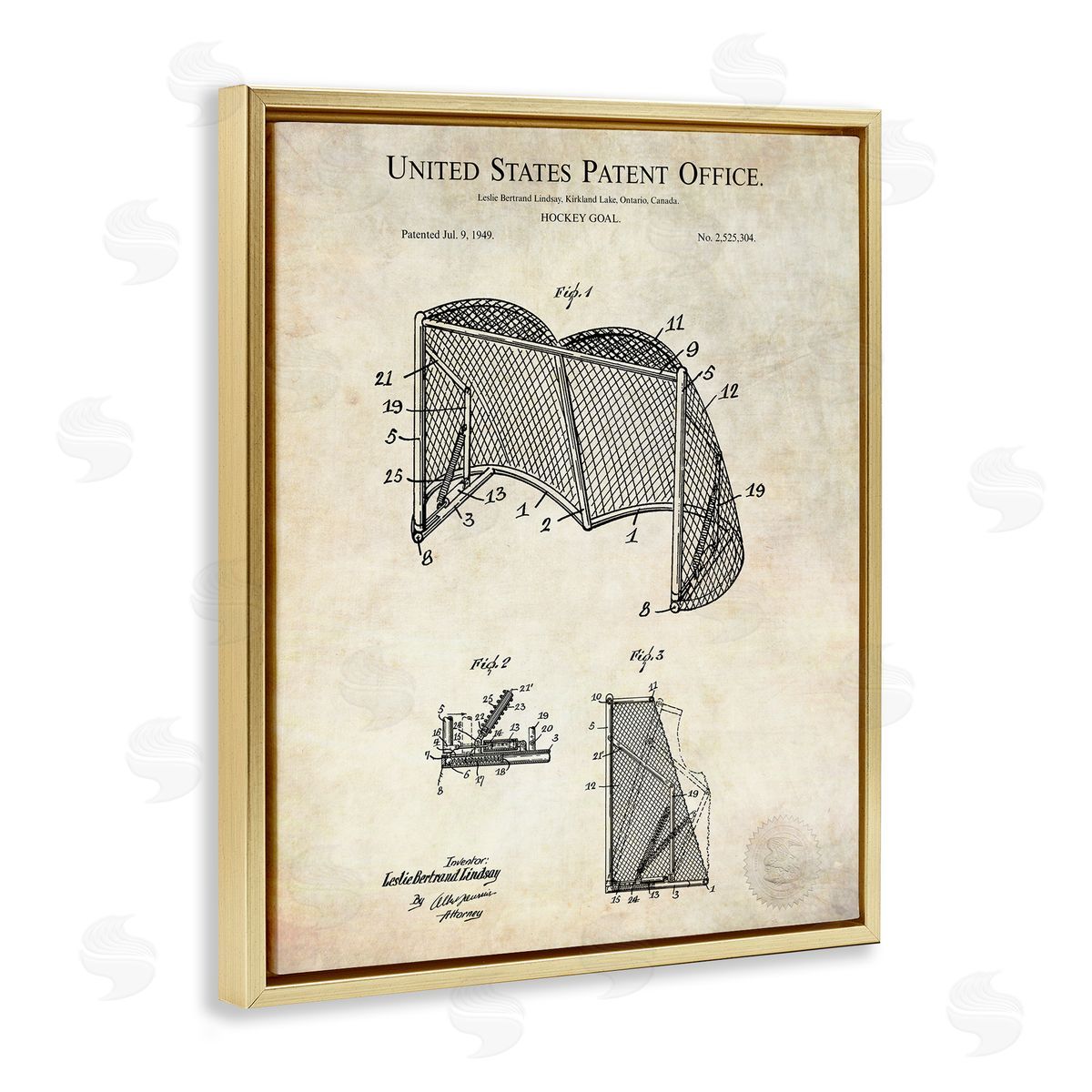 Karl Hronek Sports Hockey Goal Diagram Blueprint Patent Text  Gold Floating Frame Canvas Wall Art Print