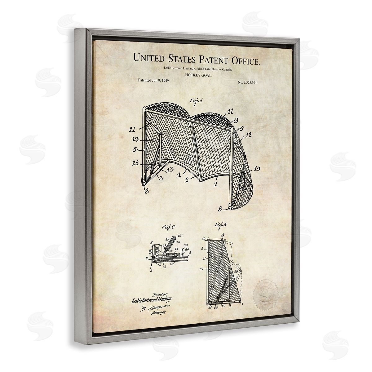 Karl Hronek Sports Hockey Goal Diagram Blueprint Patent Text  Gray Floating Frame Canvas Wall Art Print
