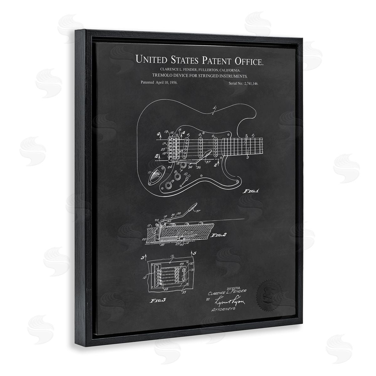 Karl Hronek Electric Guitar Instrument Musician Detailed Patent Blueprint  Black Floating Frame Canvas Wall Art Print