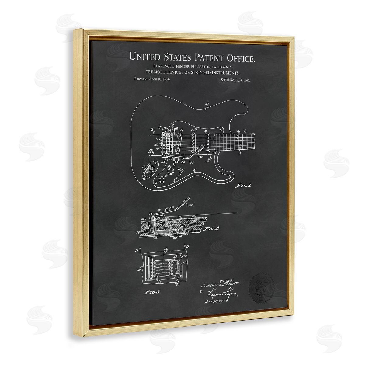 Karl Hronek Electric Guitar Instrument Musician Detailed Patent Blueprint  Gold Floating Frame Canvas Wall Art Print